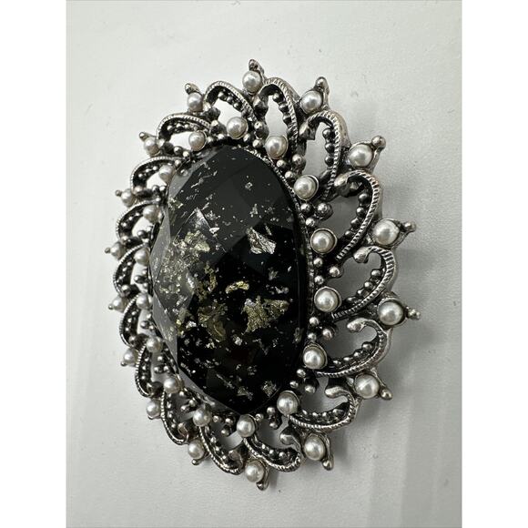 Vintage Stone & Faux Pearl Silver Brooch,  Black, J-01-19 - Picture 5 of 11